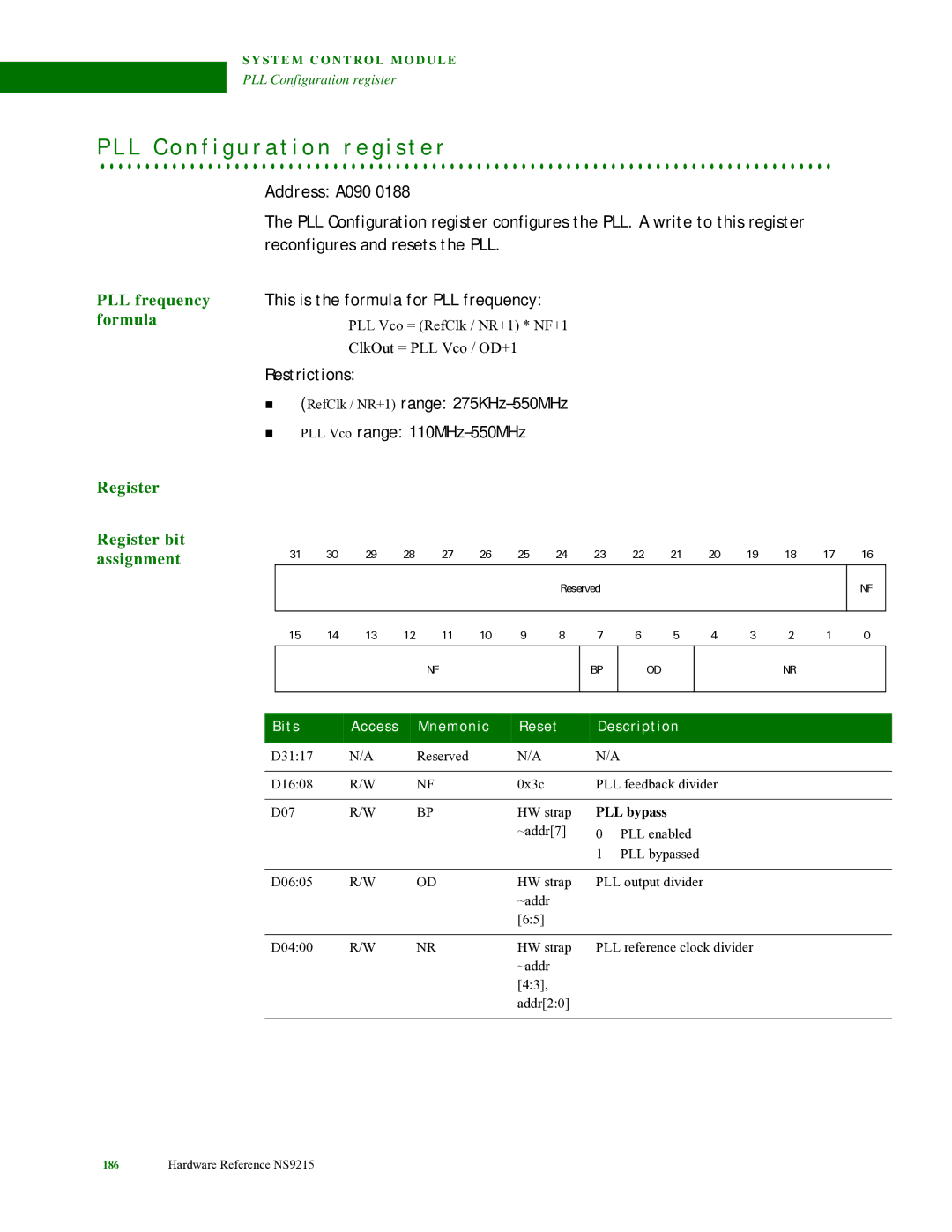 Digi NS9215 manual L C o n f i g u r a t i o n r e g i s t e r, PLL frequency formula Register Register bit assignment 