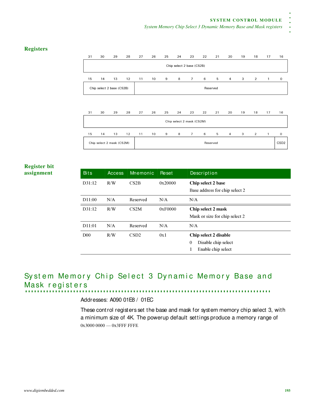 Digi NS9215 manual Addresses A090 01E8 / 01EC, Chip select 2 base, Chip select 2 disable 