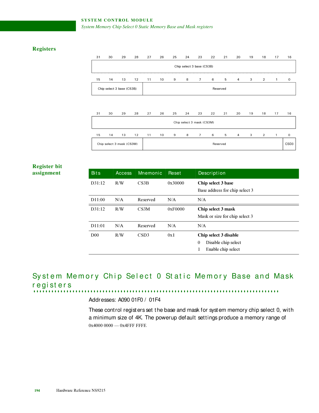 Digi NS9215 manual Addresses A090 01F0 / 01F4, Chip select 3 base, Chip select 3 disable 