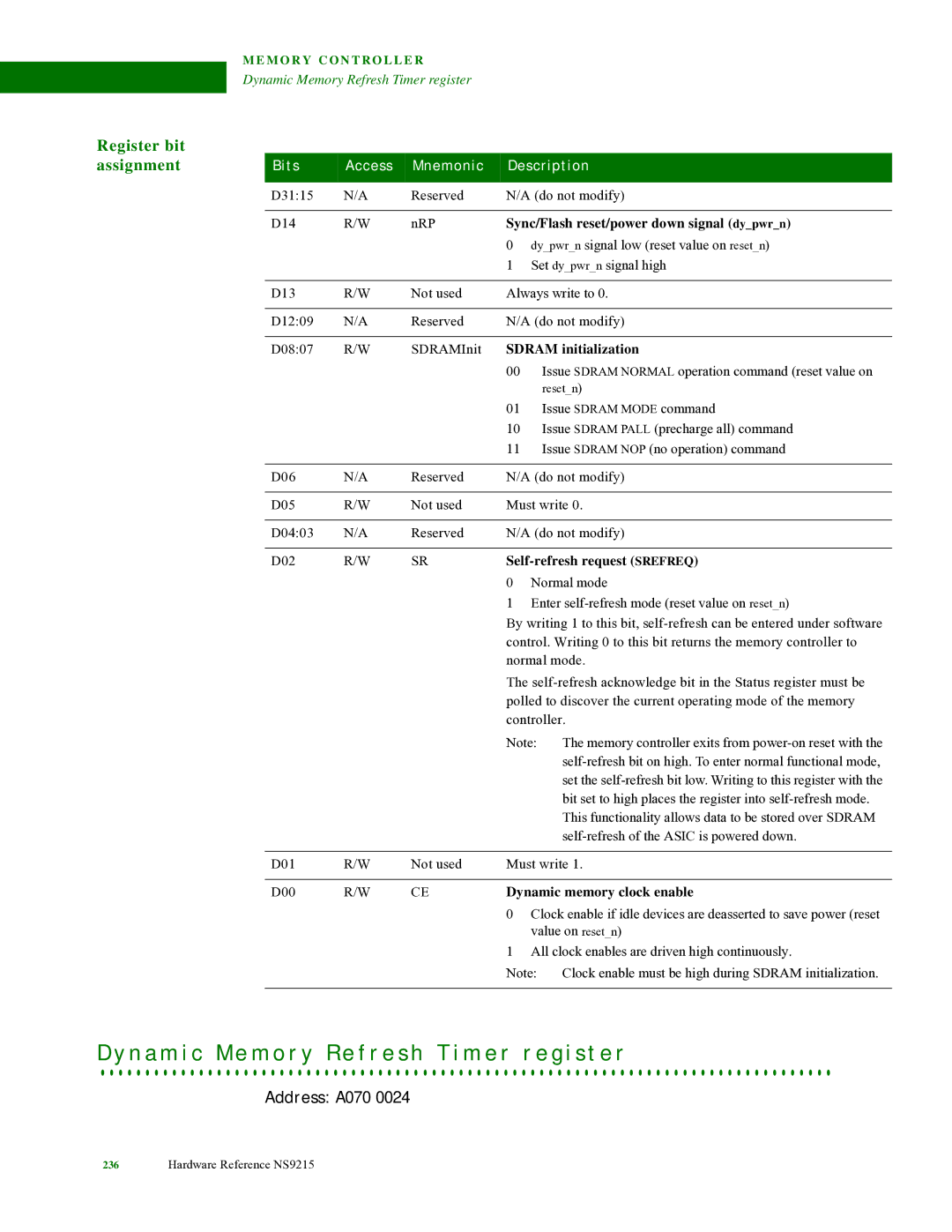 Digi NS9215 manual Sync/Flash reset/power down signal dypwrn, Sdram initialization, Self-refresh request Srefreq 