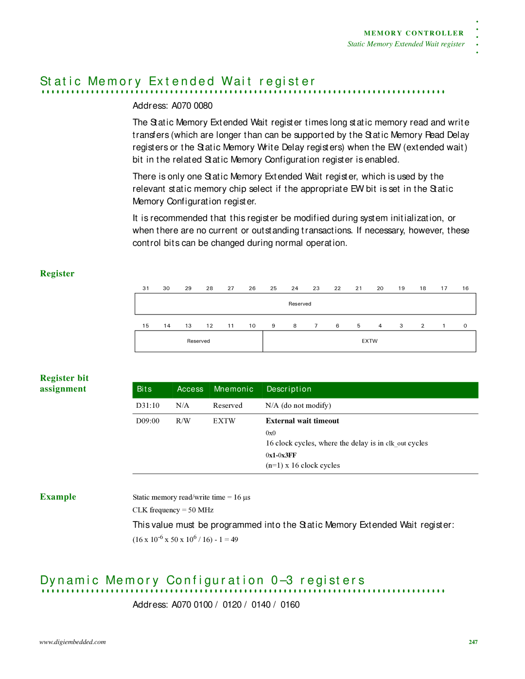 Digi NS9215 A t i c M e m o r y E x t e n d e d W a i t r e g i s t e r, Example, Address A070 0100 / 0120 / 0140, Extw 