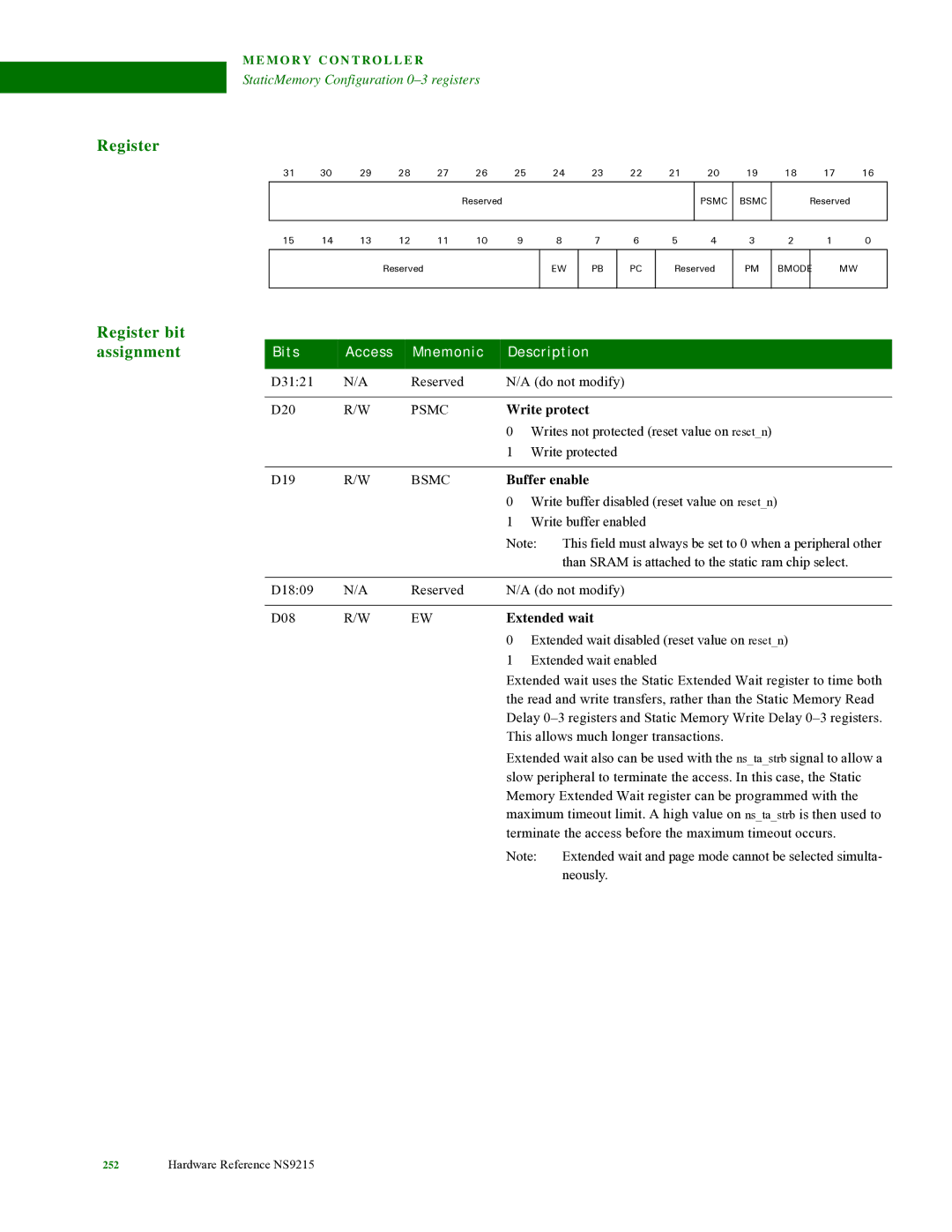 Digi NS9215 manual Psmc, Bsmc, Buffer enable, Extended wait 