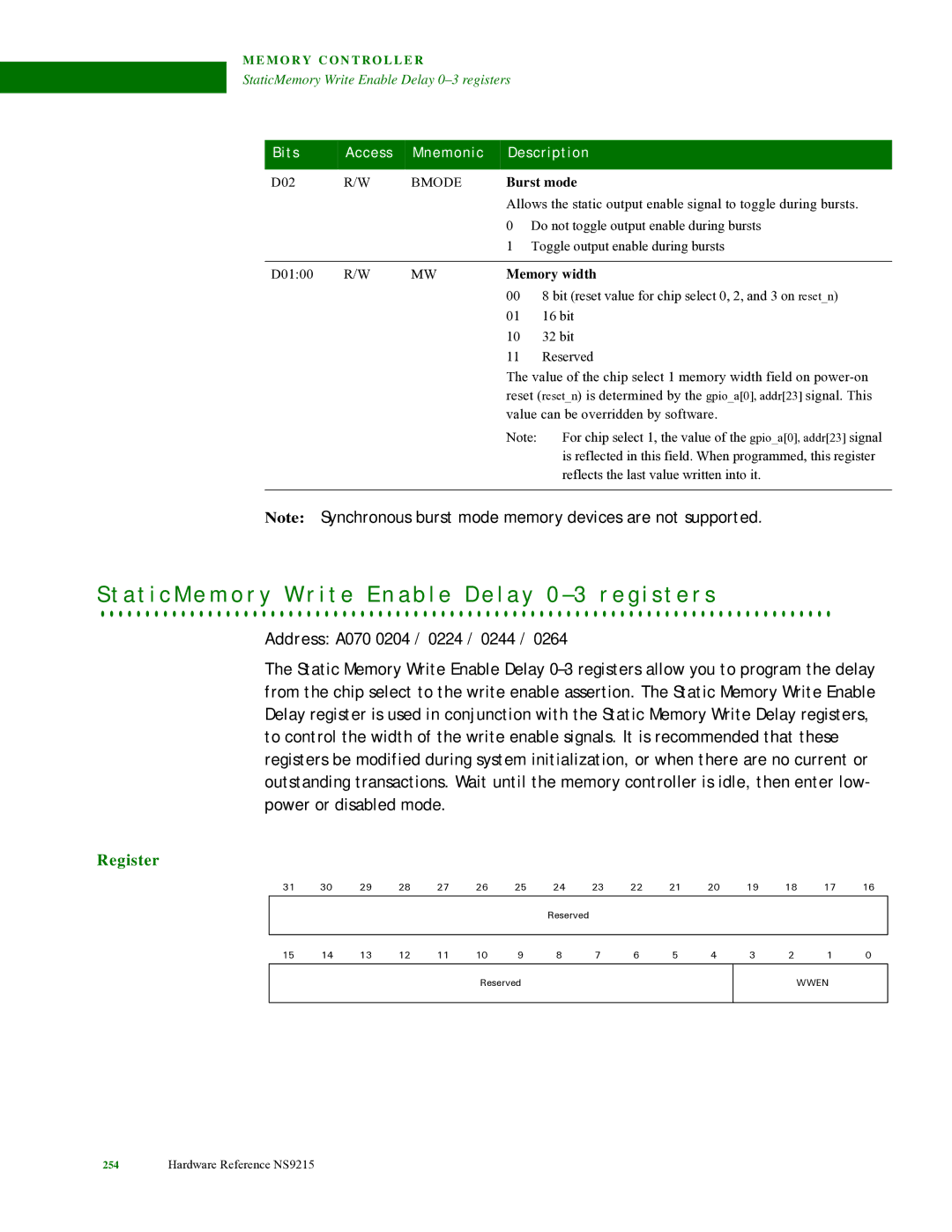 Digi NS9215 manual Bmode, Burst mode, Memory width 