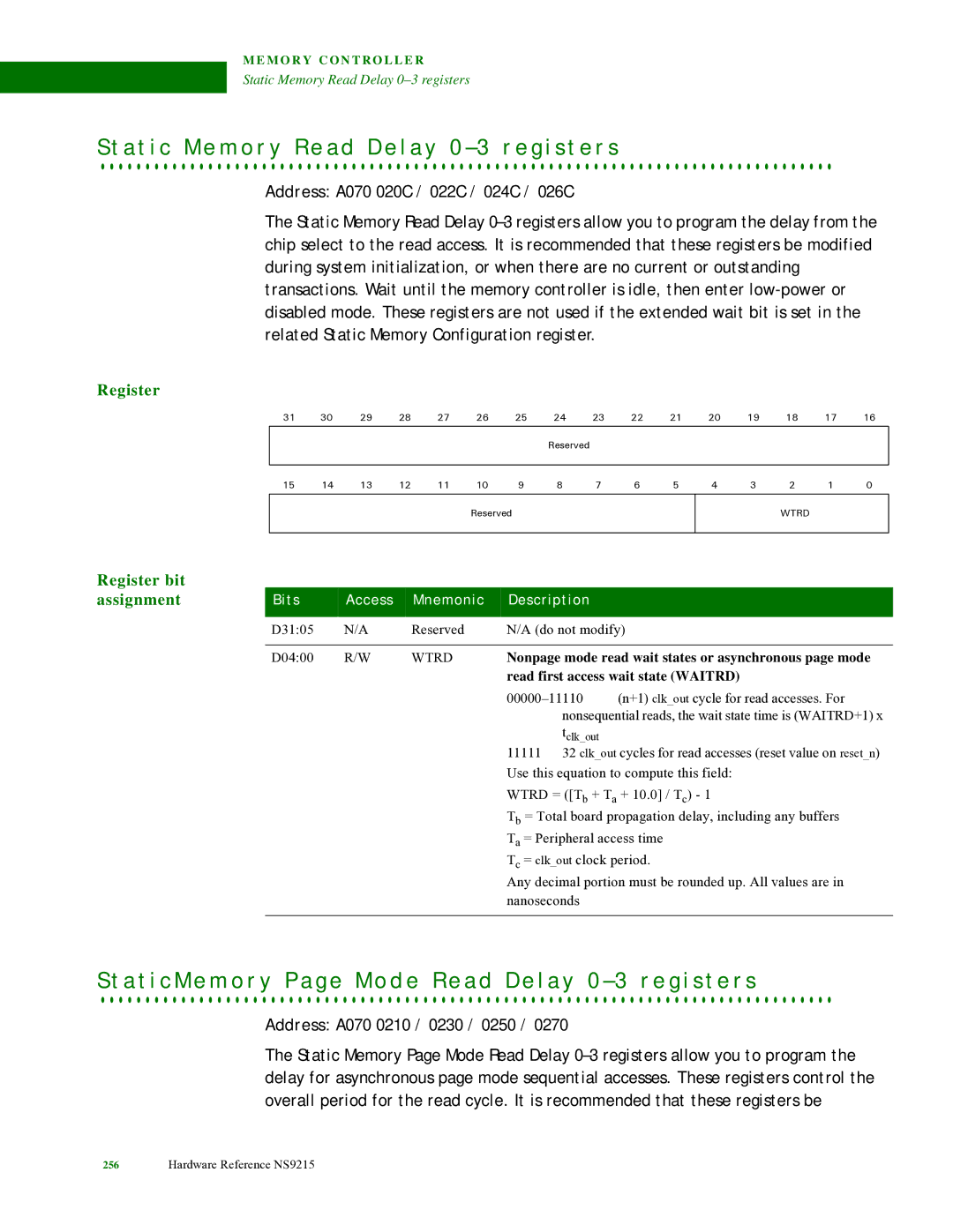 Digi NS9215 manual A t i c M e m o r y R e a d D e l a y 0 3 r e g i s t e r s, Wtrd, Read first access wait state Waitrd 