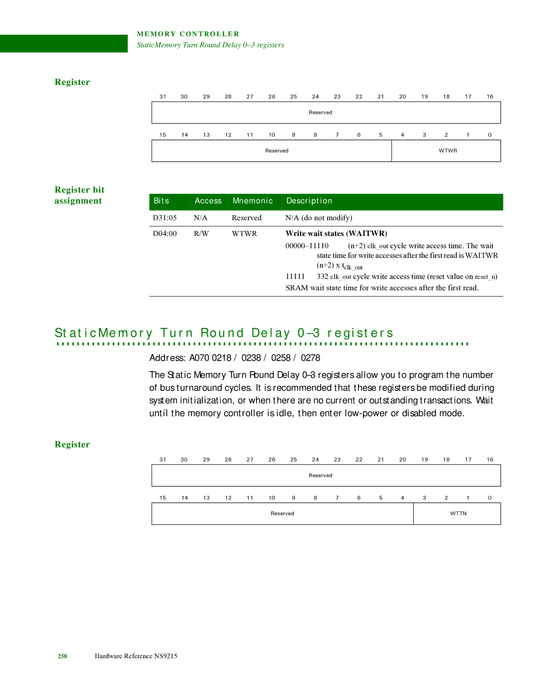 Digi NS9215 manual Address A070 0218 / 0238 / 0258, Wtwr, Write wait states Waitwr 