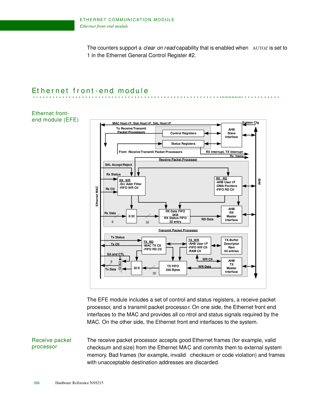 Digi NS9215 manual H e r n e t f r o n t e n d m o d u l e, Ethernet front- end module EFE, Receive packet processor 