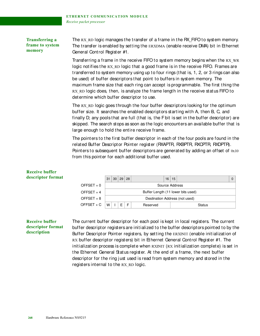 Digi NS9215 manual Transferring a frame to system memory, Receive buffer descriptor format 