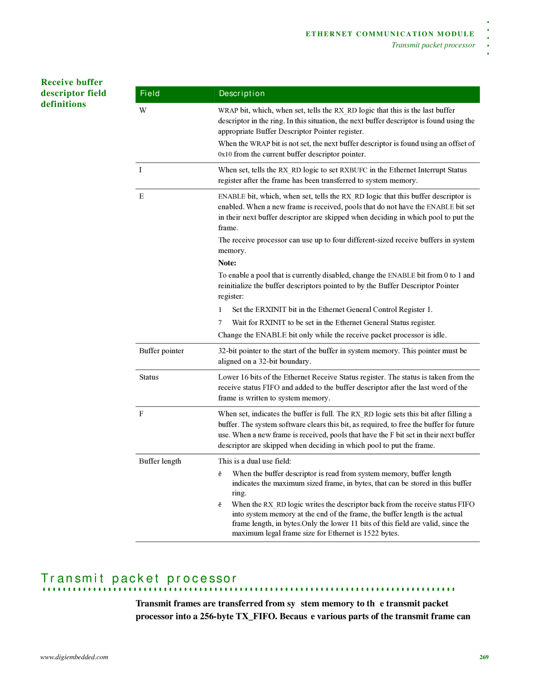 Digi NS9215 manual A n s m i t p a c k e t p r o c e s s o r, Receive buffer descriptor field definitions 