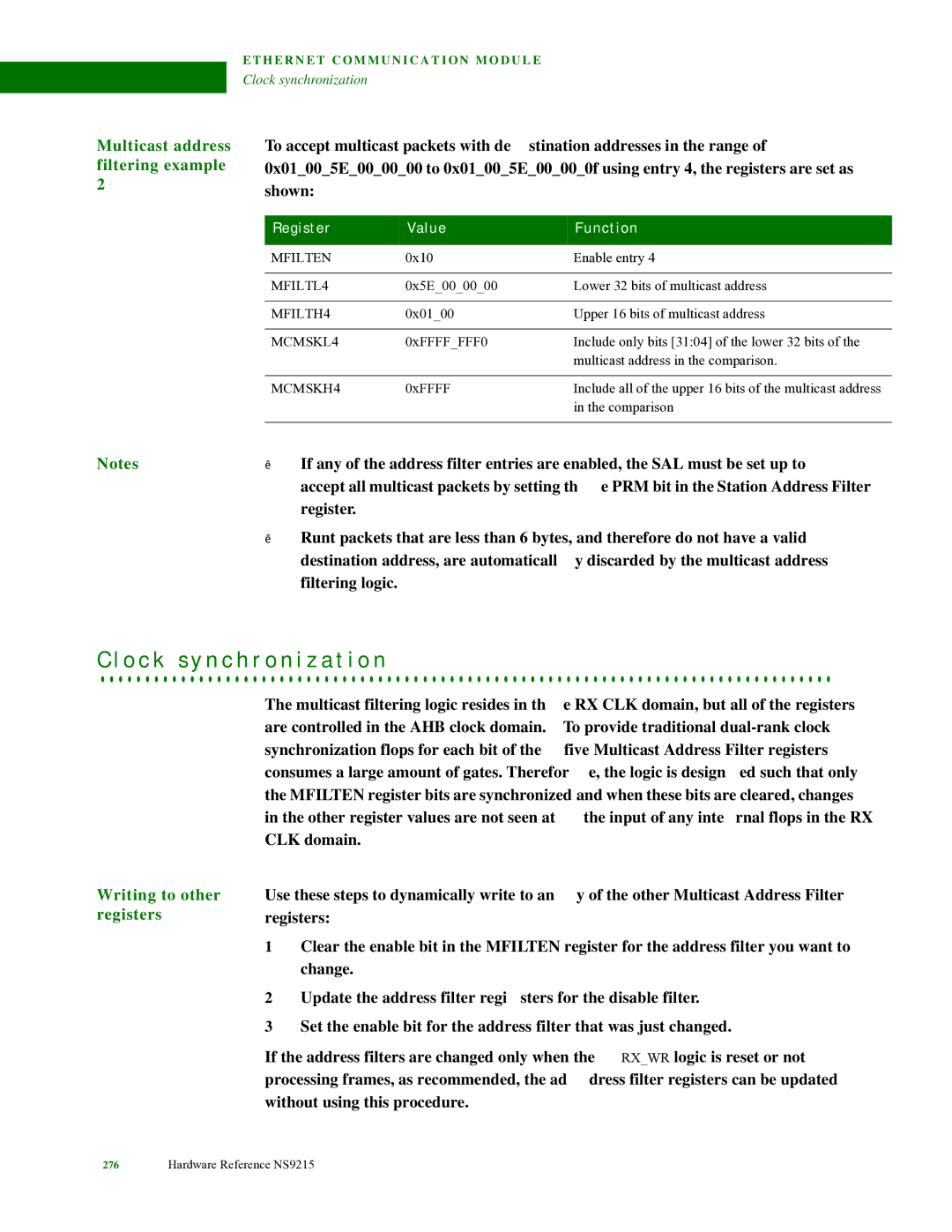 Digi NS9215 manual O c k s y n c h r o n i z a t i o n, Multicast address, Filtering example, Writing to other registers 