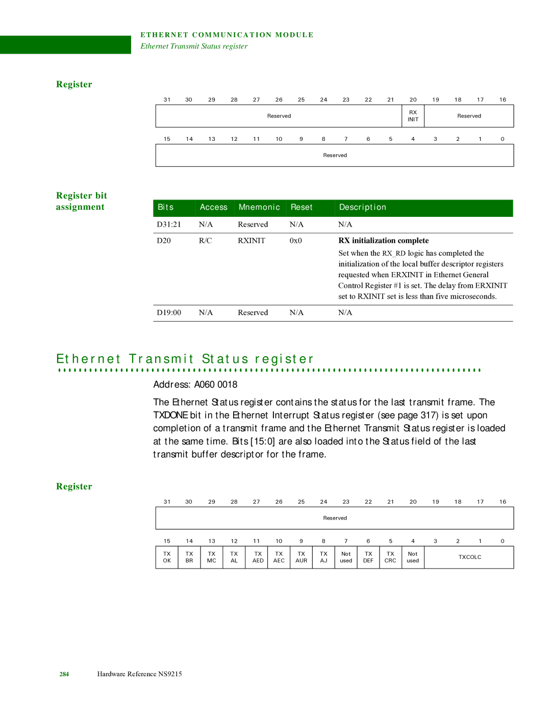 Digi NS9215 manual H e r n e t T r a n s m i t S t a t u s r e g i s t e r, Rxinit, RX initialization complete 