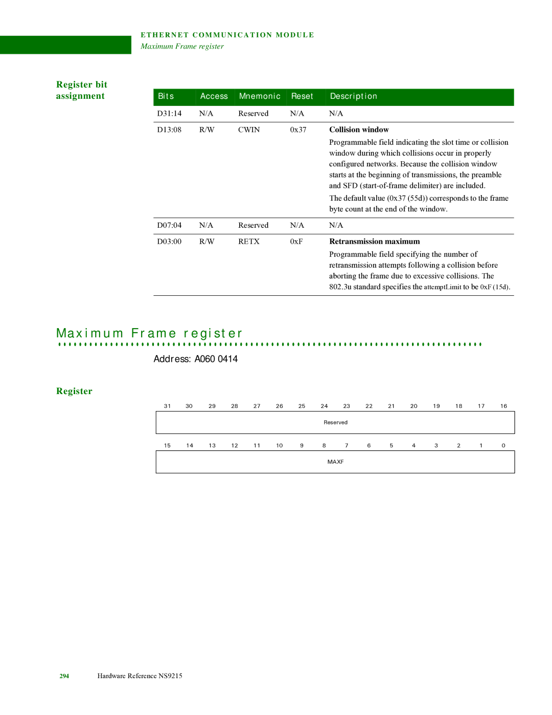 Digi NS9215 manual X i m u m F r a m e r e g i s t e r, Cwin, Collision window, Retx, Retransmission maximum 