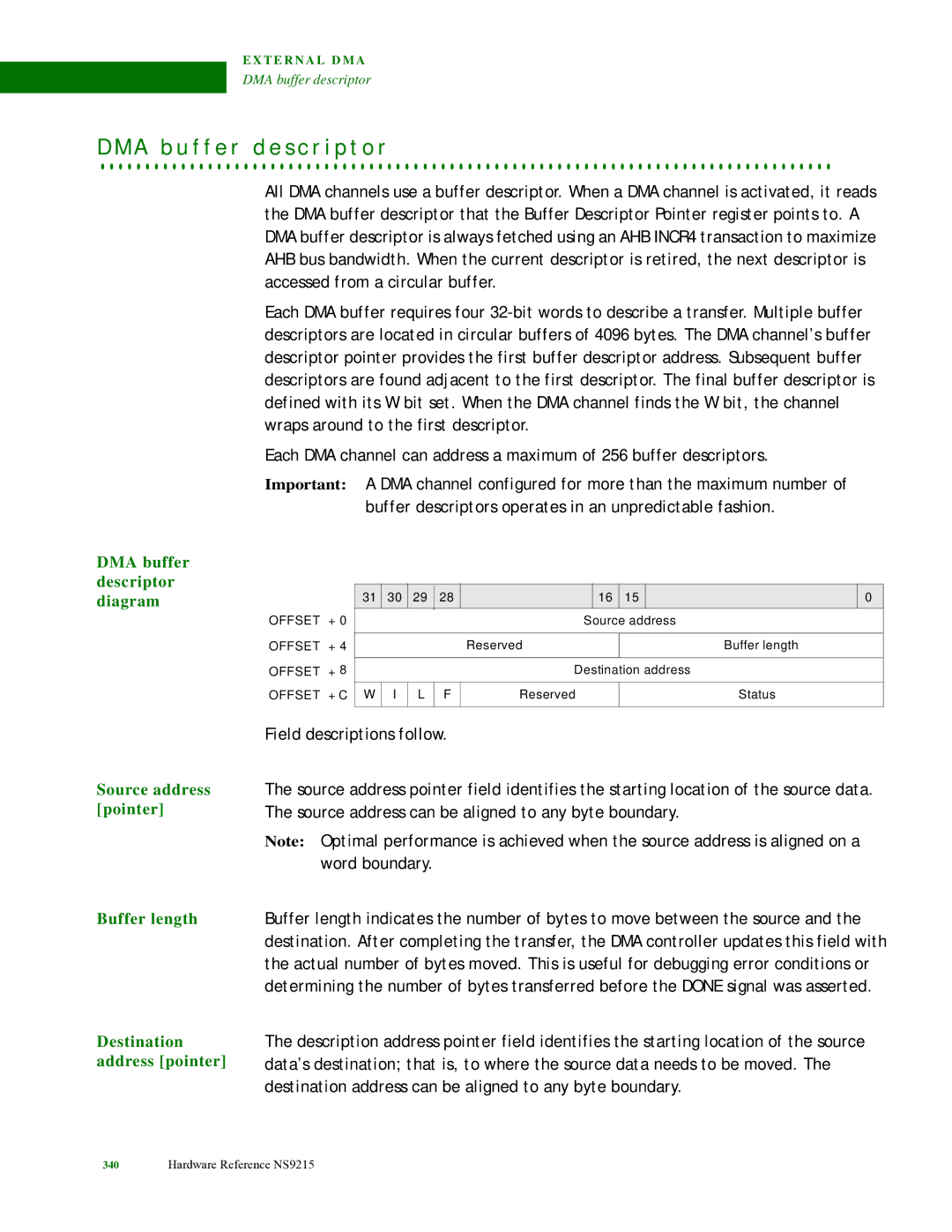 Digi NS9215 manual A b u f f e r d e s c r i p t o r, DMA buffer descriptor diagram, Source address pointer Buffer length 