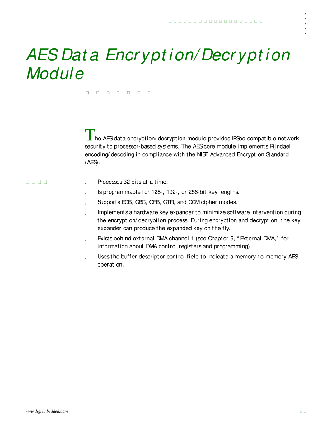 Digi NS9215 manual Aes, Processes 32 bits at a time, Is programmable for 128-, 192-, or 256-bit key lengths, Operation 