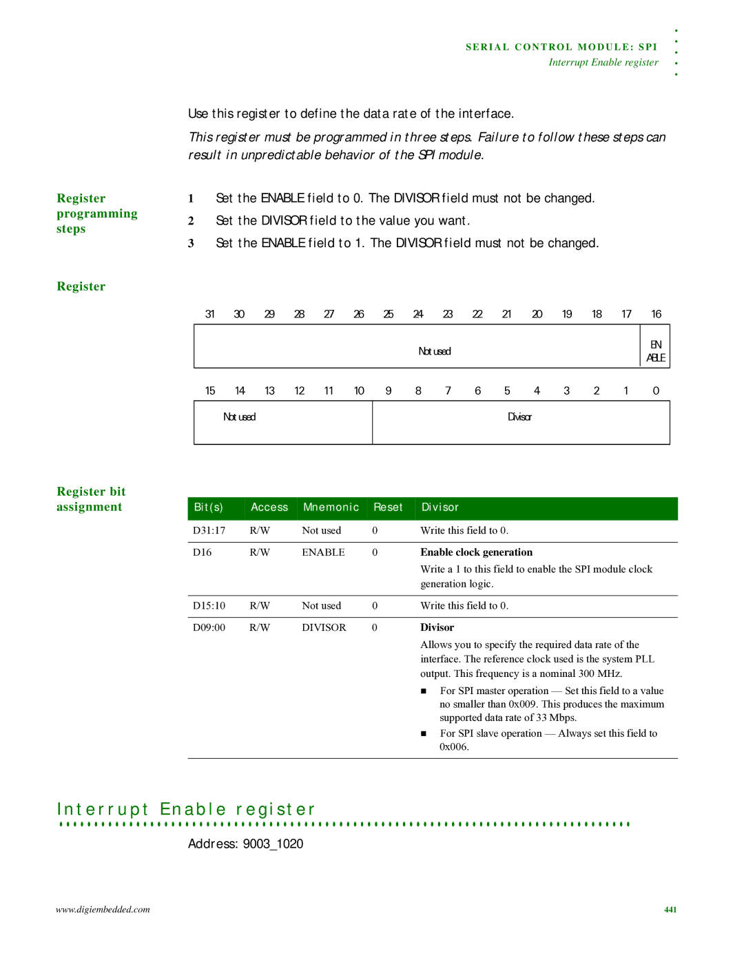 Digi NS9215 manual Register programming steps, Use this register to define the data rate of the interface, Divisor 