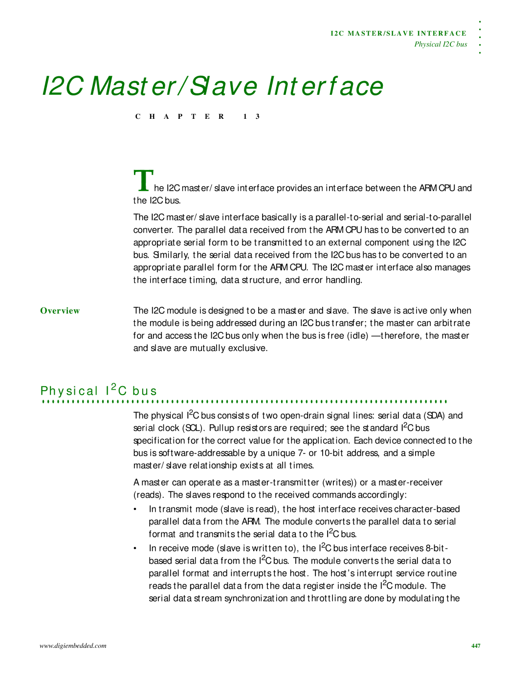 Digi NS9215 manual Y s i c a l I 2 C b u s, I2C bus, Interface timing, data structure, and error handling, Overview 