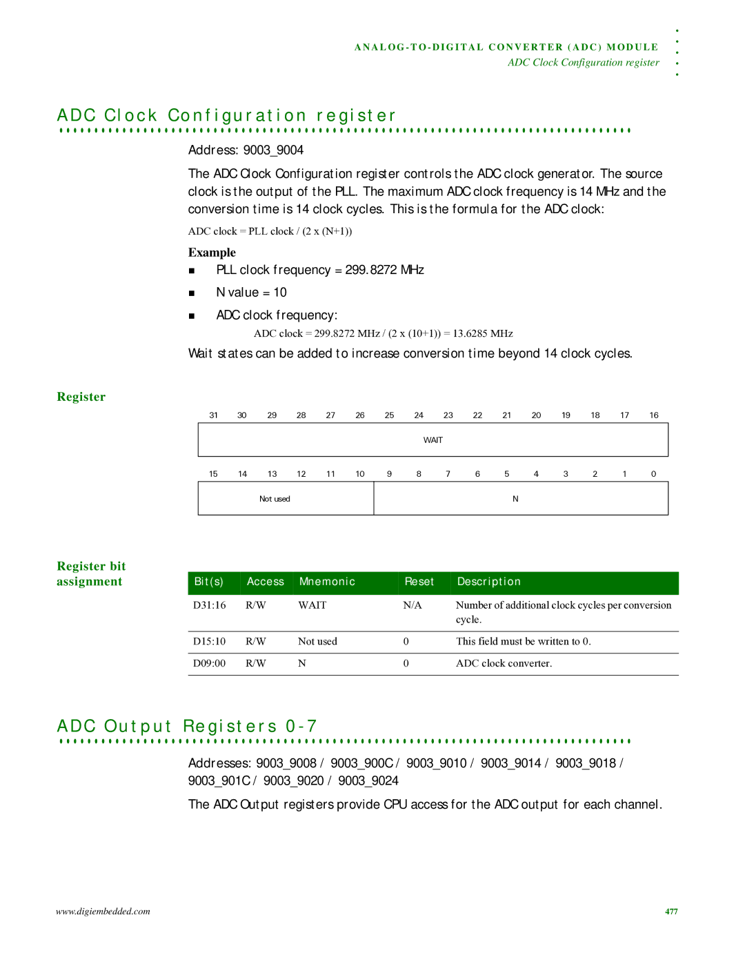 Digi NS9215 manual C C l o c k C o n f i g u r a t i o n r e g i s t e r, C O u t p u t R e g i s t e r s 0, Wait 