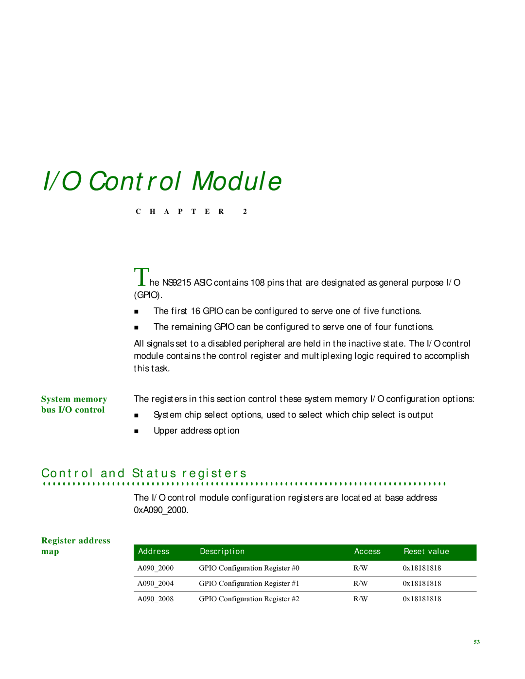 Digi NS9215 manual N t r o l a n d S t a t u s r e g i s t e r s, System memory bus I/O control, Register address Map 