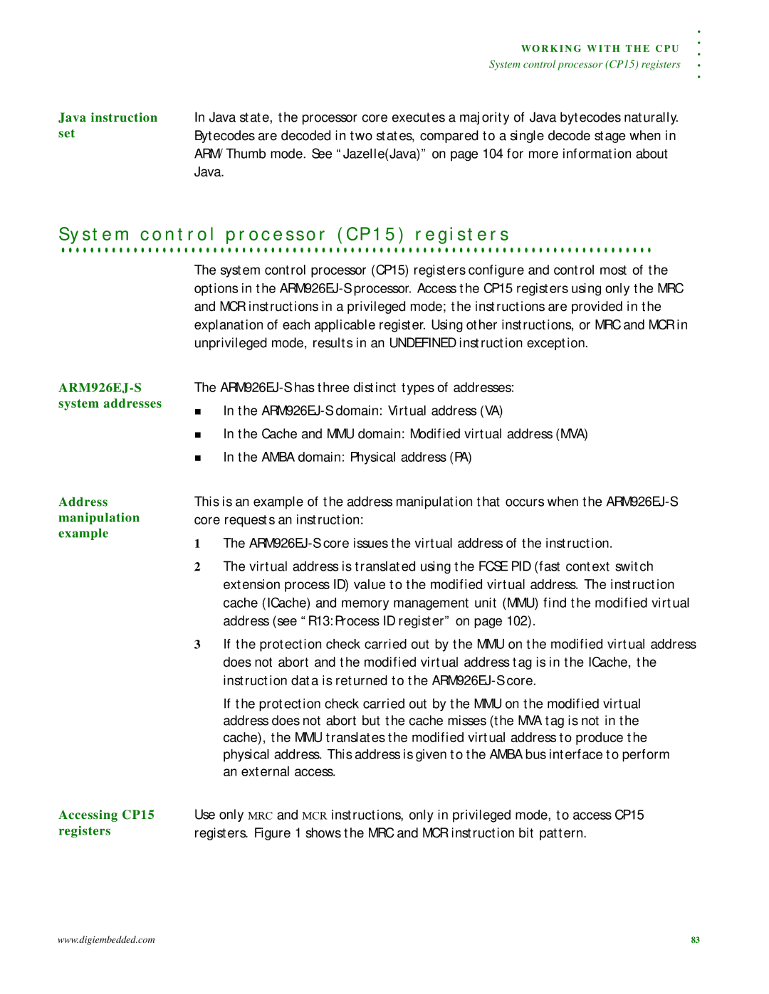 Digi NS9215 manual Java instruction set, ARM926EJ-S system addresses Address manipulation example, Accessing CP15 registers 