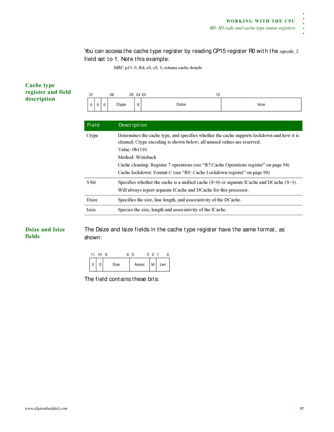 Digi NS9215 manual Cache type register and field description, Dsize and Isize fields, Field contains these bits 