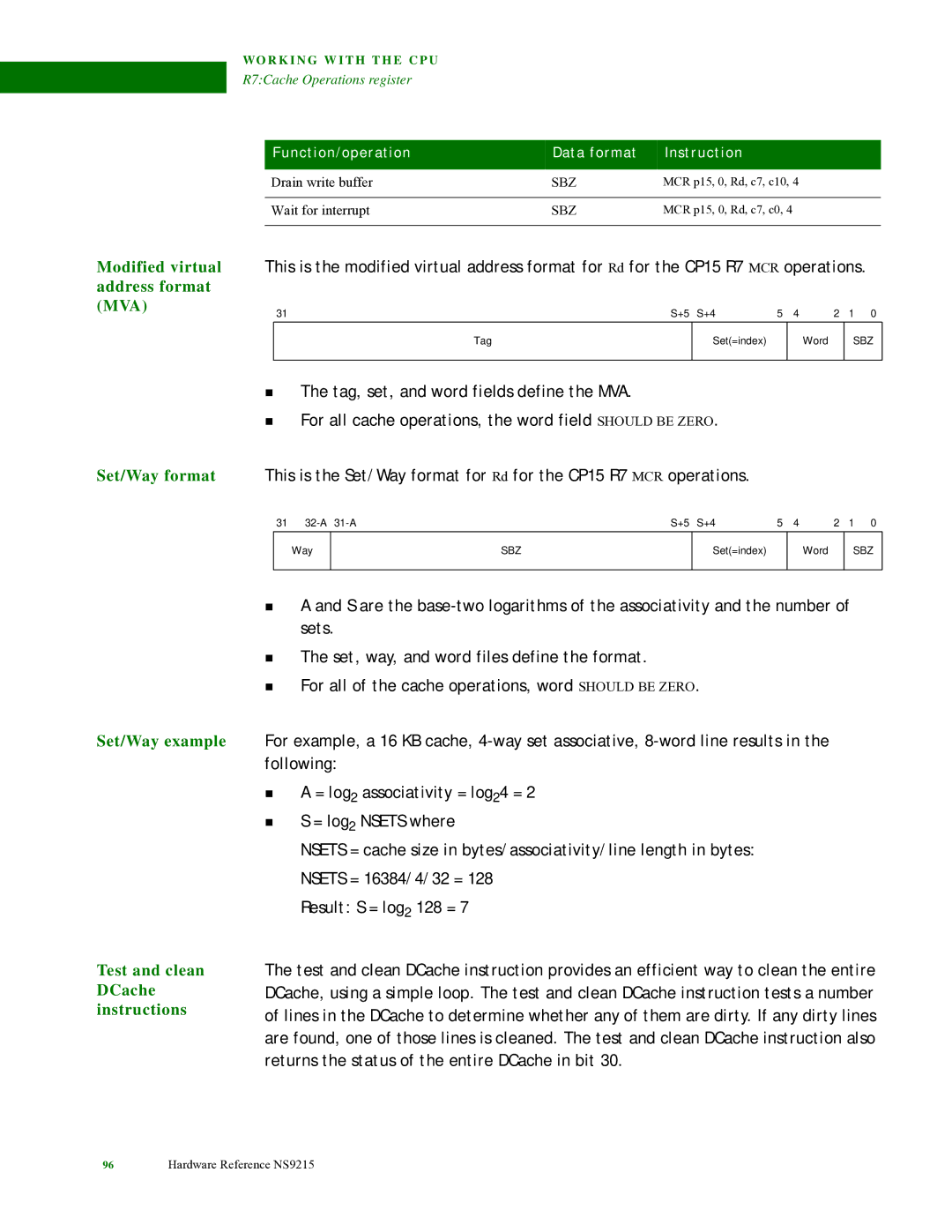 Digi NS9215 manual Modified virtual address format MVA Set/Way format, Set/Way example Test and clean DCache instructions 