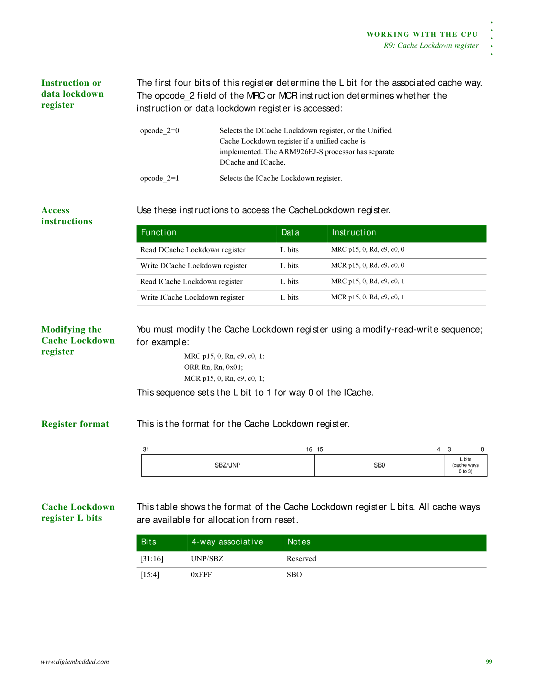 Digi NS9215 manual Instruction or data lockdown register, Access, Instructions, Cache Lockdown register L bits 