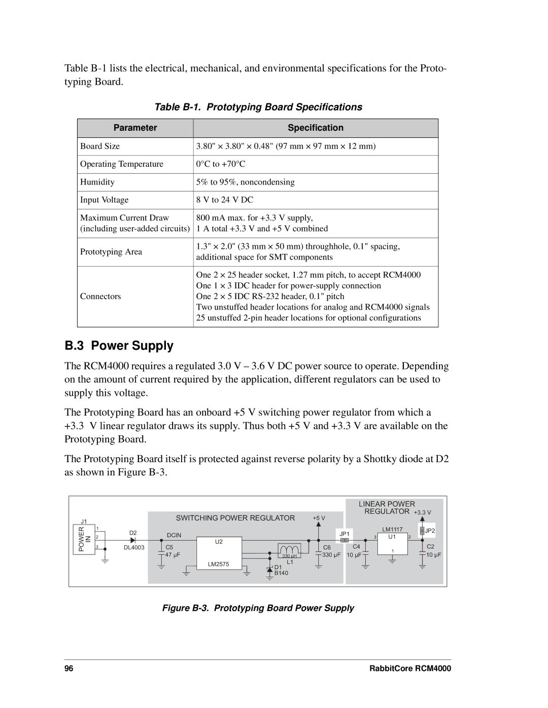 Digi RCM4000 user manual Power Supply, Table B-1. Prototyping Board Specifications, Parameter Specification 