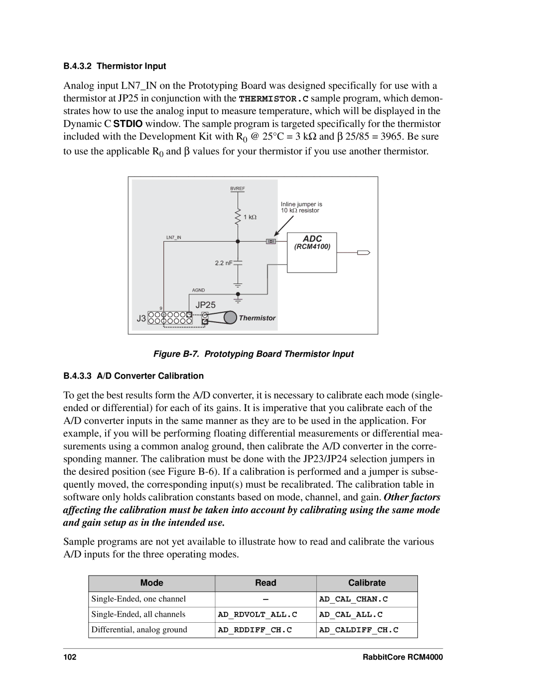 Digi RCM4000 user manual Thermistor Input, 3.3 A/D Converter Calibration, Mode Read Calibrate 