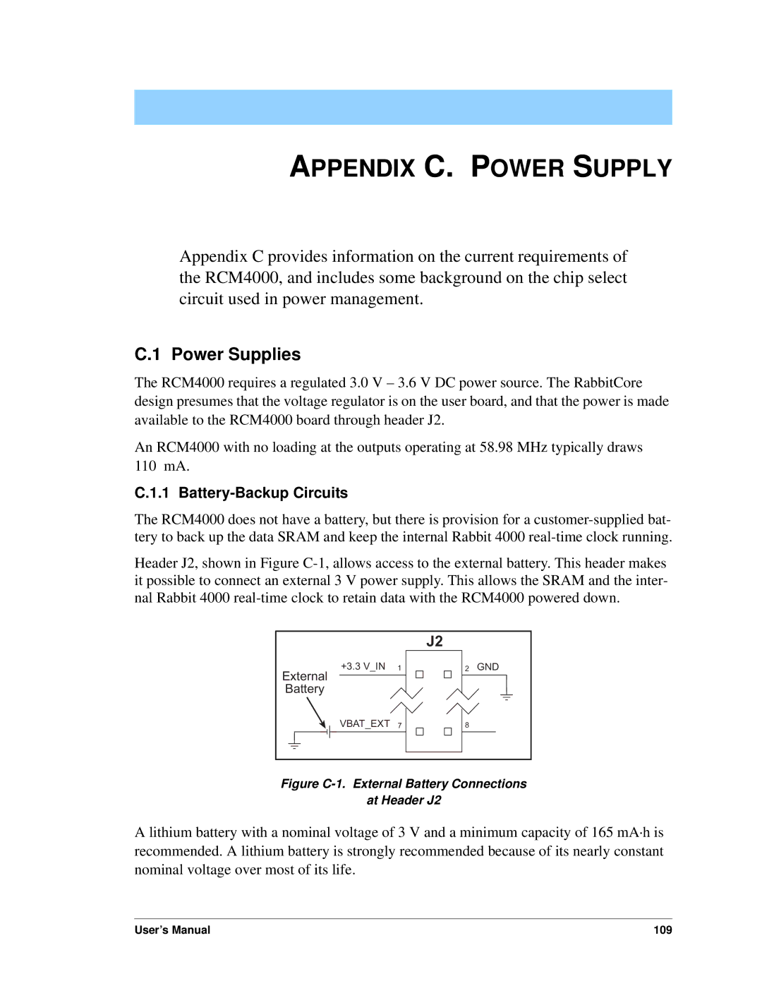 Digi RCM4000 user manual Appendix C. Power Supply, Power Supplies, Battery-Backup Circuits 