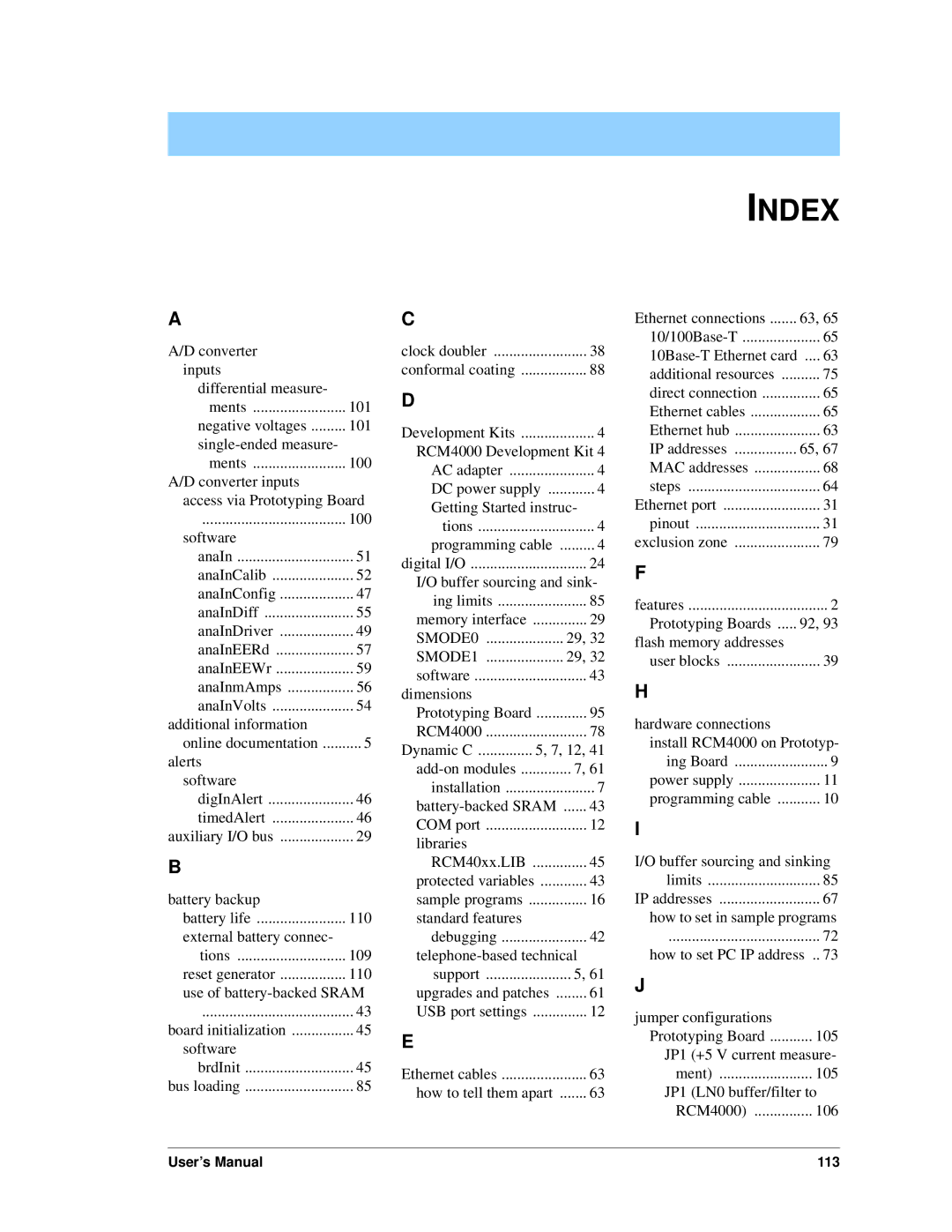 Digi RCM4000 user manual Index, SMODE0 SMODE1 