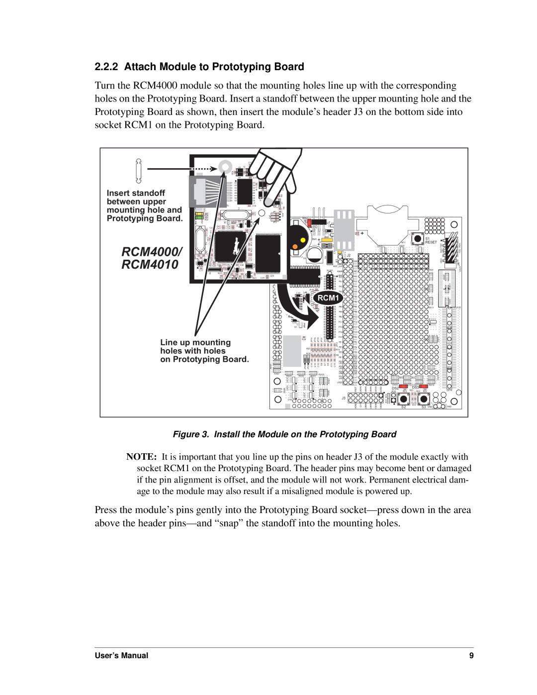 Digi RCM4000 user manual Attach Module to Prototyping Board 