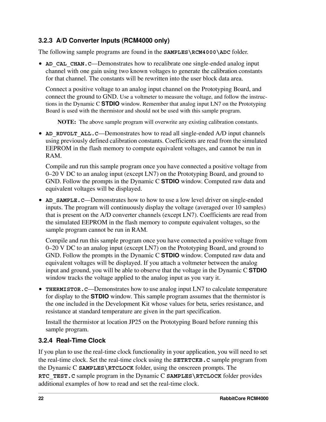 Digi user manual 3 A/D Converter Inputs RCM4000 only, Real-Time Clock 
