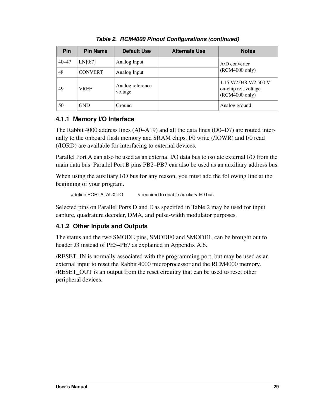 Digi RCM4000 user manual Memory I/O Interface, Other Inputs and Outputs 