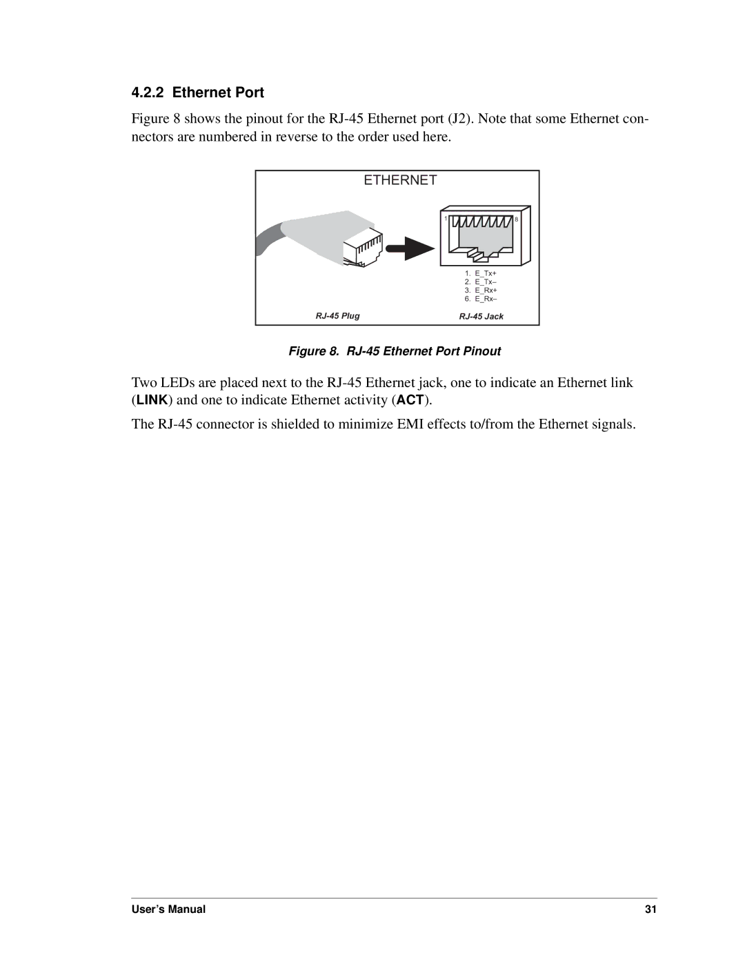 Digi RCM4000 user manual RJ-45 Ethernet Port Pinout 