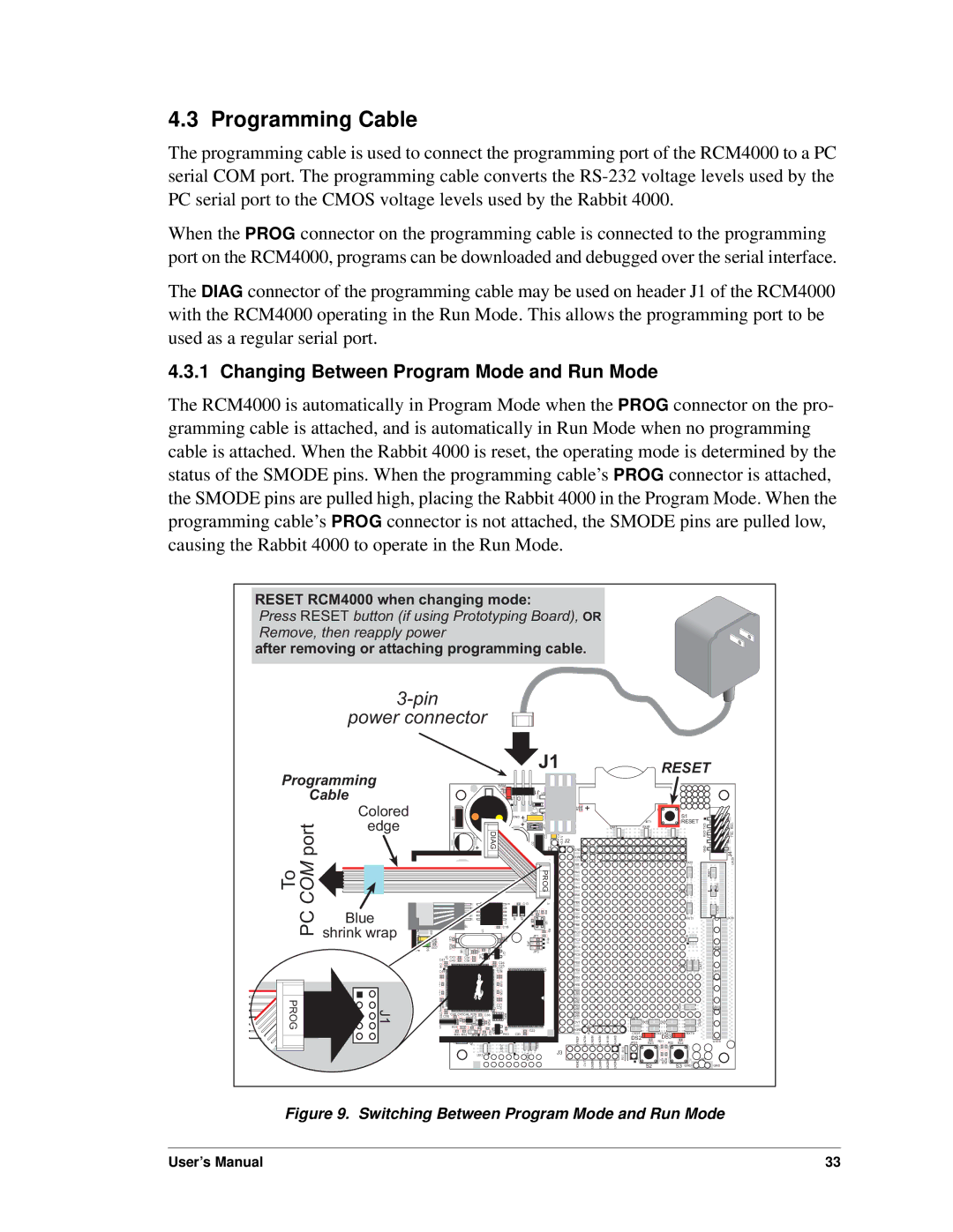 Digi RCM4000 user manual Programming Cable, Changing Between Program Mode and Run Mode 