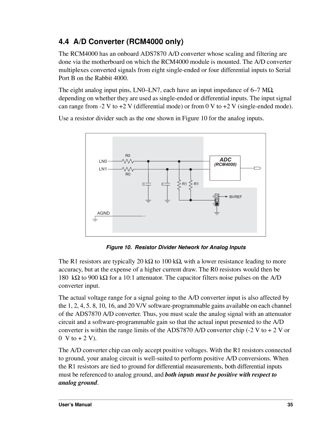 Digi user manual A/D Converter RCM4000 only, Resistor Divider Network for Analog Inputs 