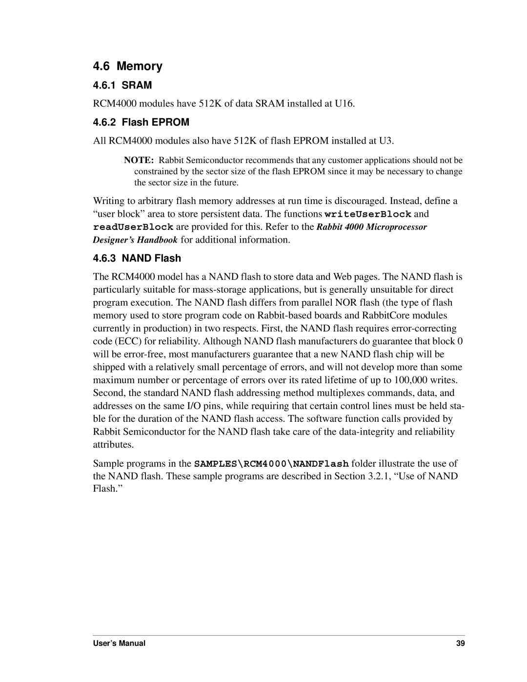 Digi RCM4000 user manual Memory, Sram, Flash Eprom, Nand Flash 