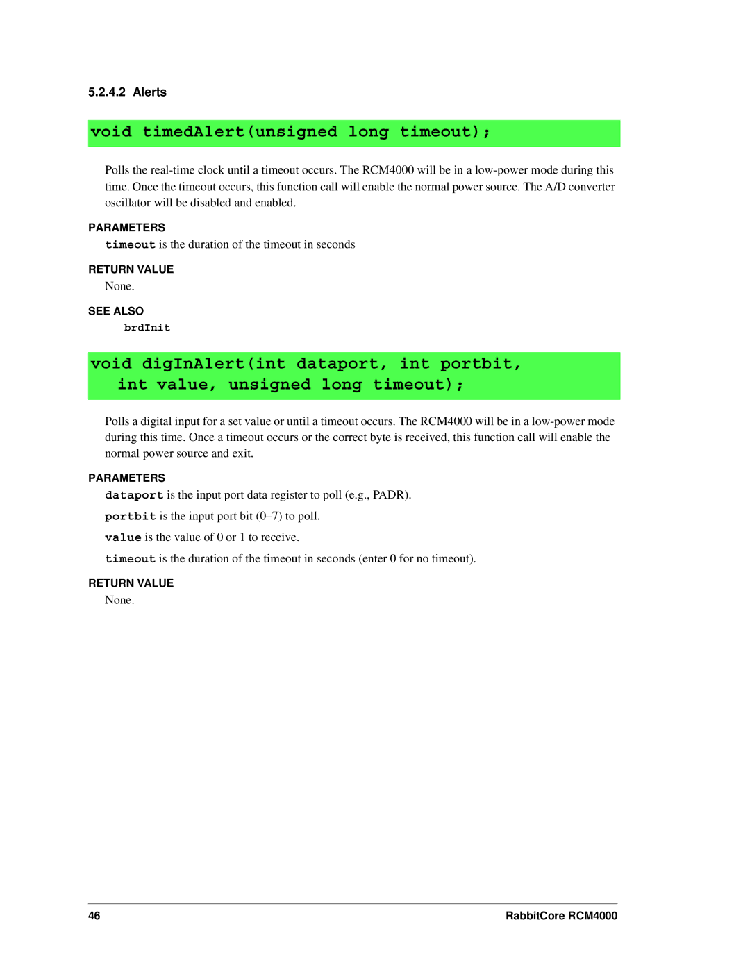 Digi RCM4000 user manual Void timedAlertunsigned long timeout, Alerts 