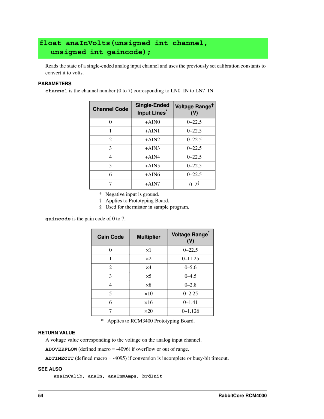 Digi RCM4000 user manual Float anaInVoltsunsigned int channel, unsigned int gaincode 