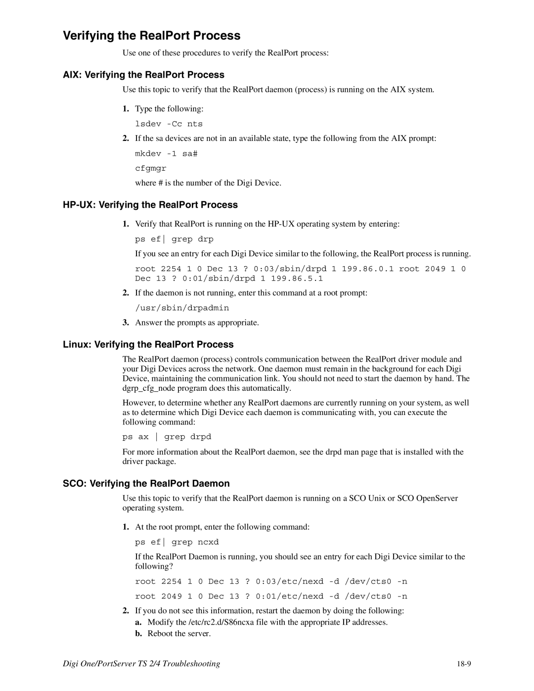 Digi TS 2/4, TS 4 manual AIX Verifying the RealPort Process, HP-UX Verifying the RealPort Process 