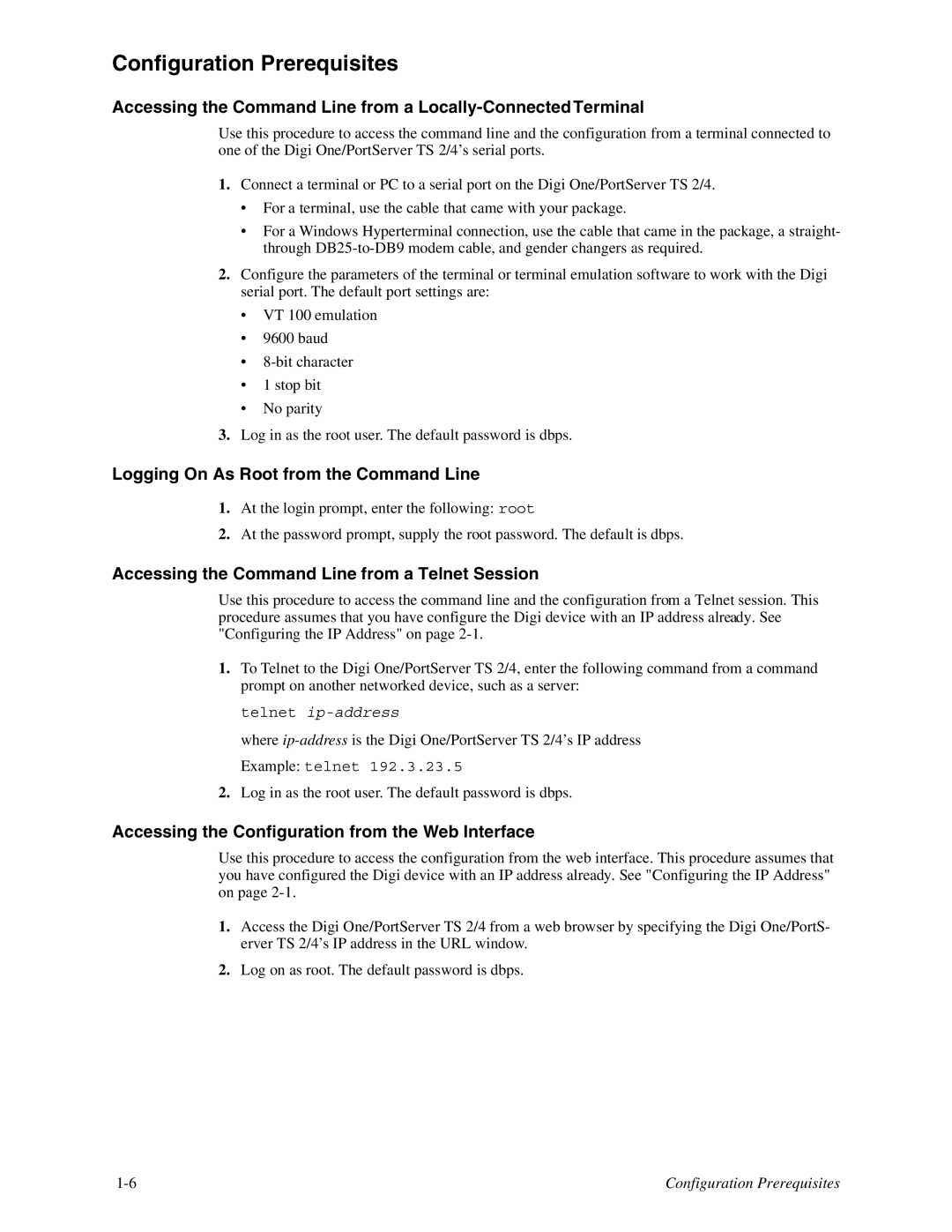 Digi TS 4, TS 2/4 manual Configuration Prerequisites, Logging On As Root from the Command Line 