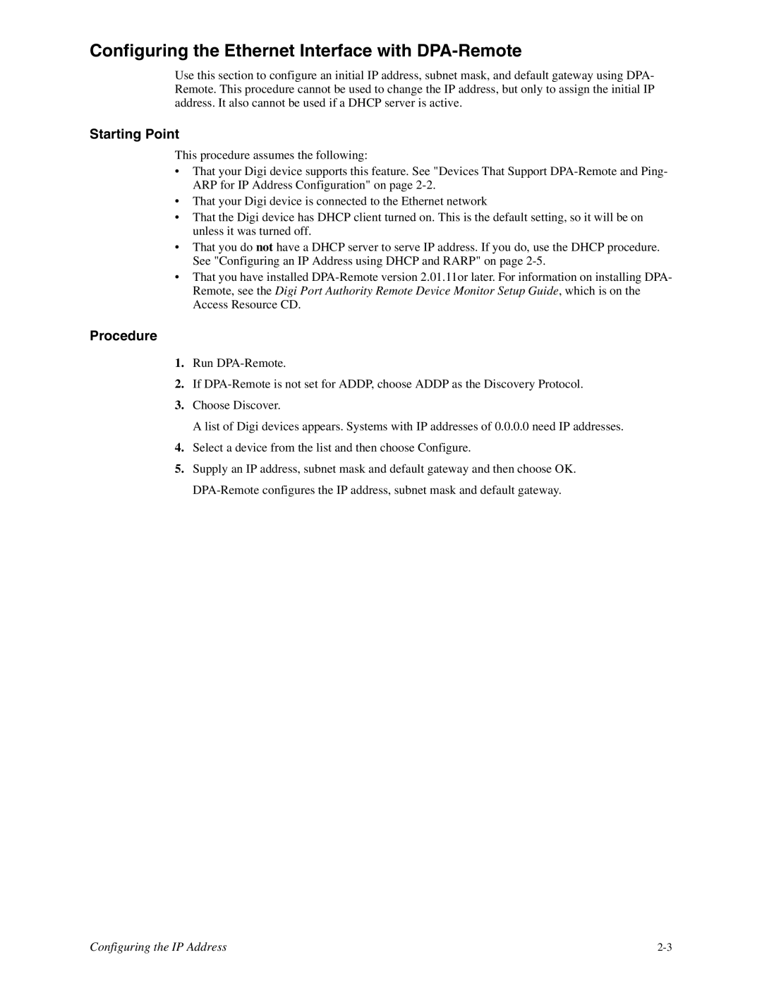 Digi TS 2/4, TS 4 manual Configuring the Ethernet Interface with DPA-Remote, Starting Point, Procedure 