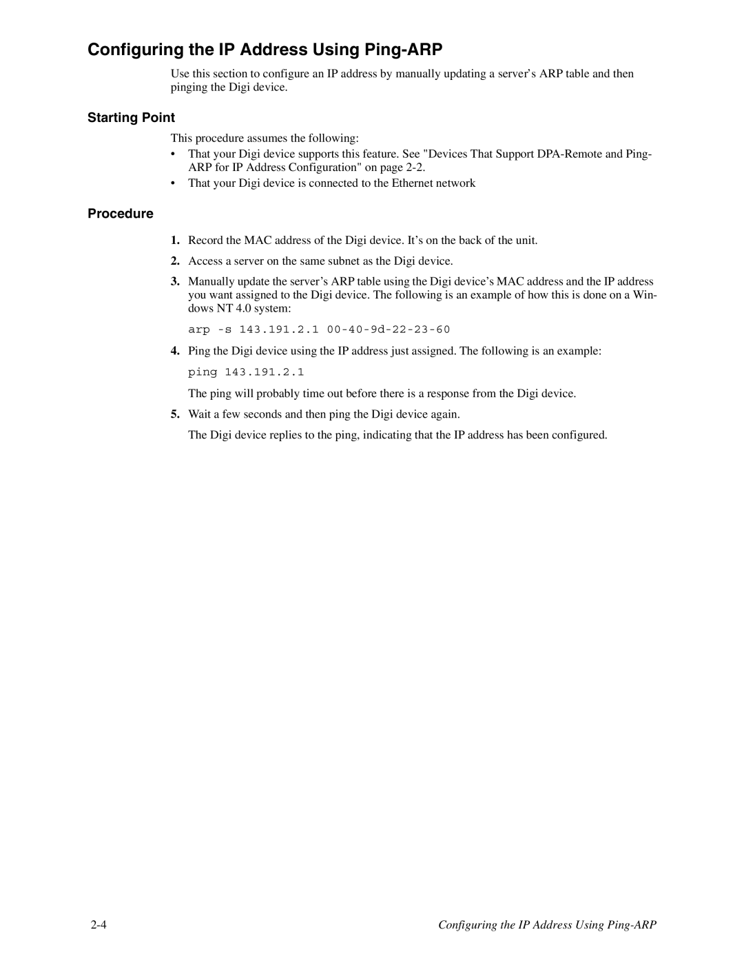 Digi TS 4, TS 2/4 manual Configuring the IP Address Using Ping-ARP 