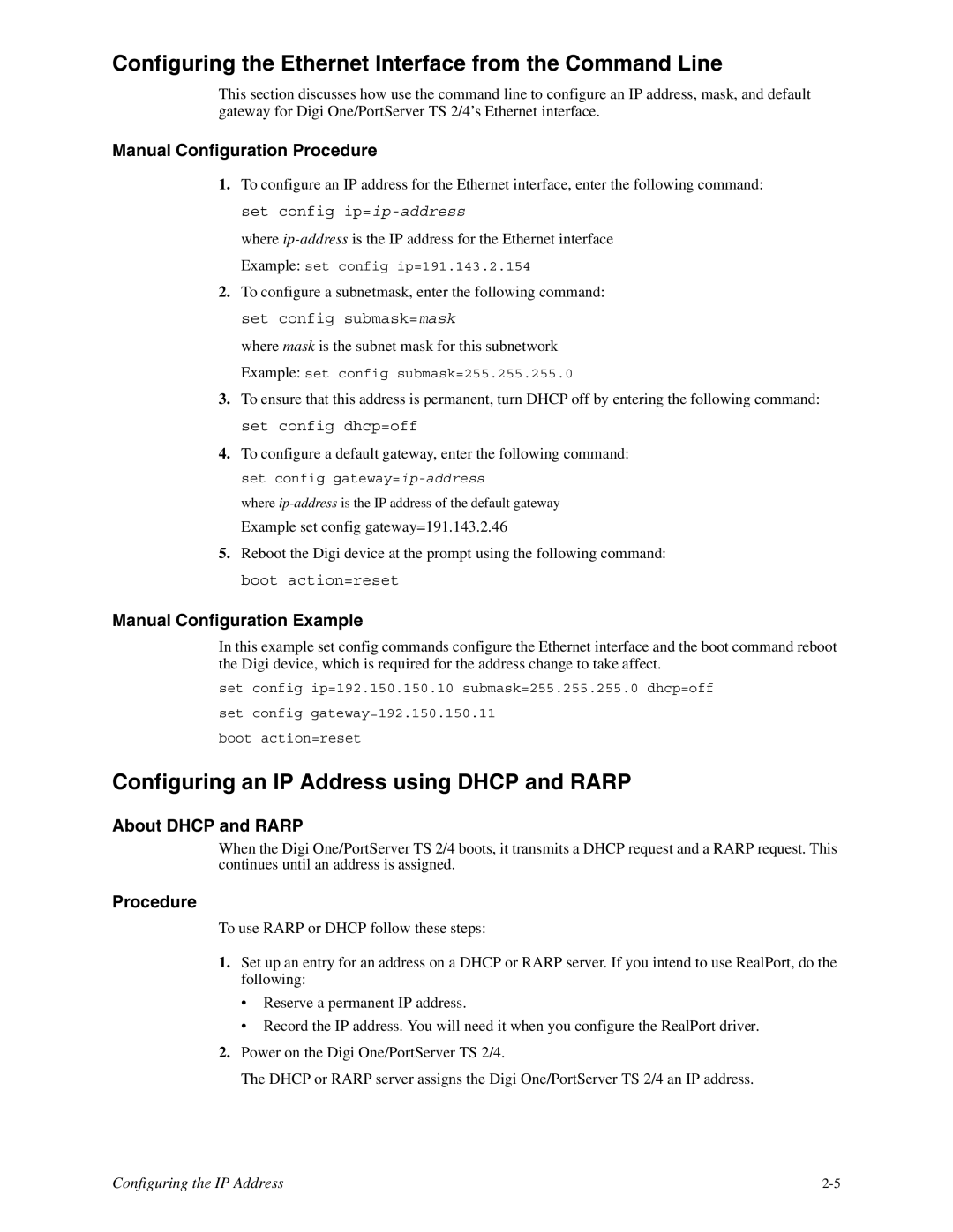 Digi TS 2/4, TS 4 Configuring the Ethernet Interface from the Command Line, Configuring an IP Address using Dhcp and Rarp 