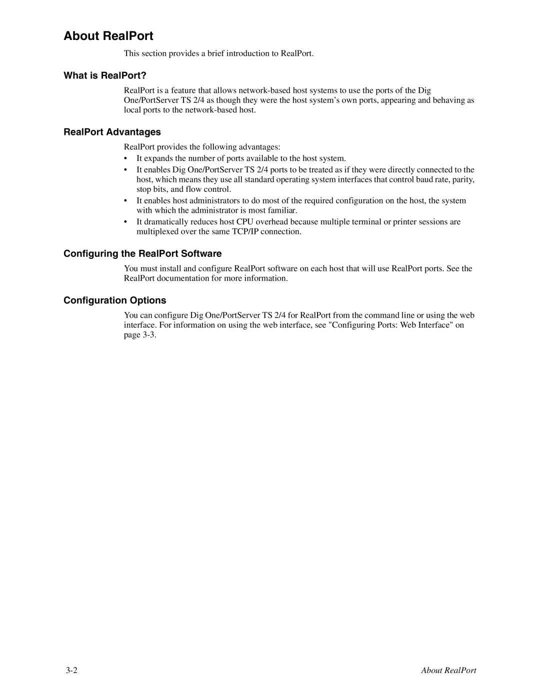 Digi TS 4 About RealPort, What is RealPort?, RealPort Advantages, Configuring the RealPort Software, Configuration Options 