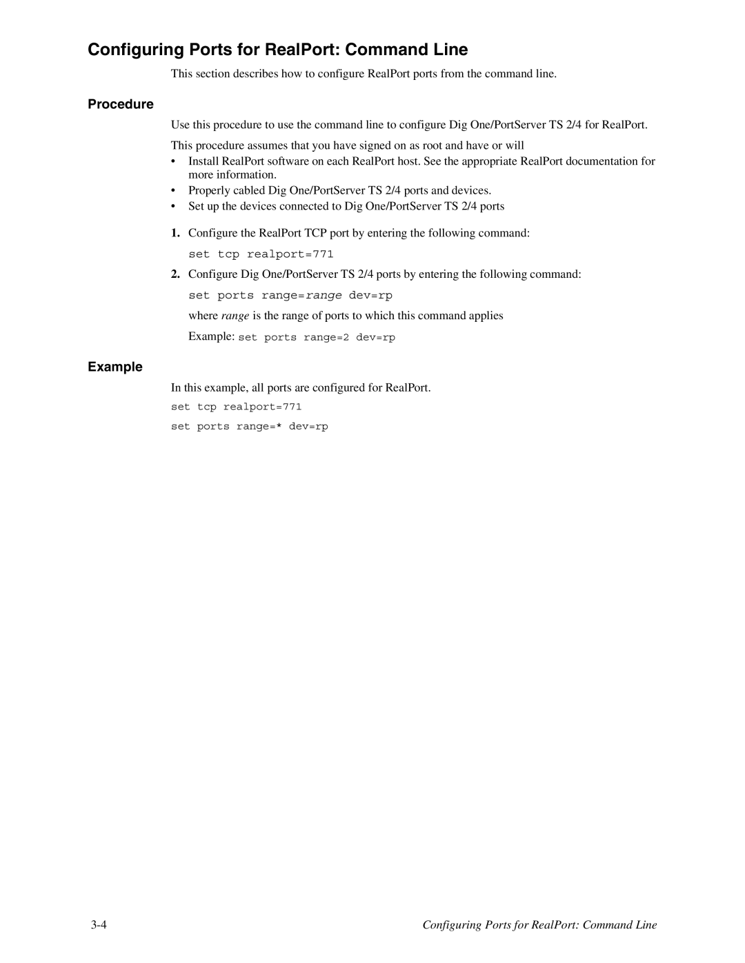 Digi TS 4, TS 2/4 manual Configuring Ports for RealPort Command Line, Example 