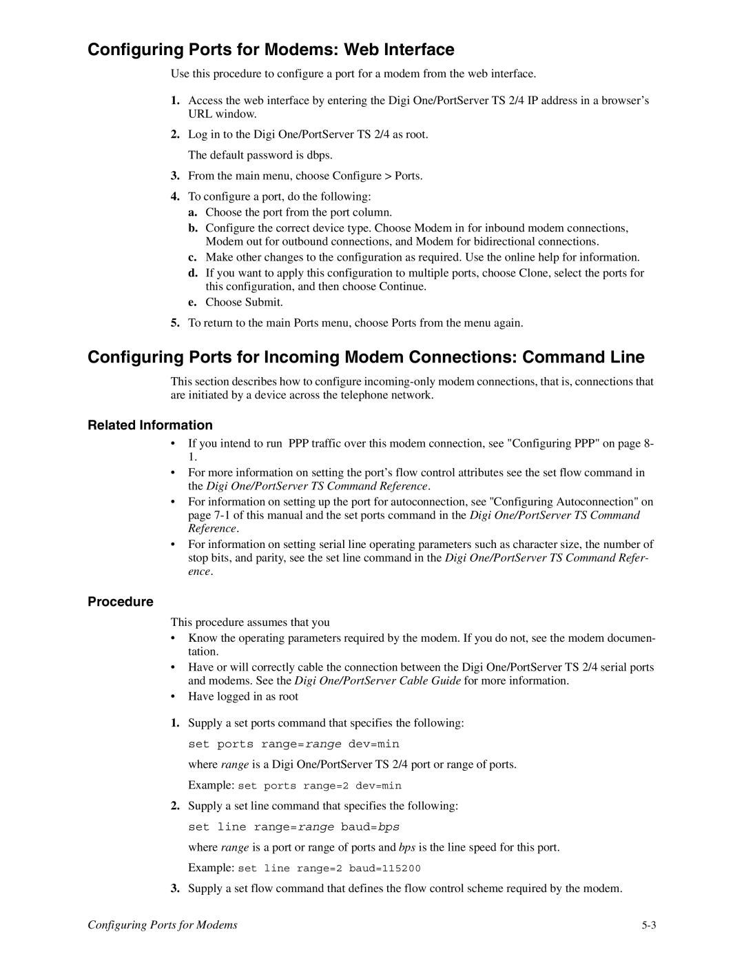 Digi TS 2/4, TS 4 manual Configuring Ports for Modems Web Interface, Related Information 