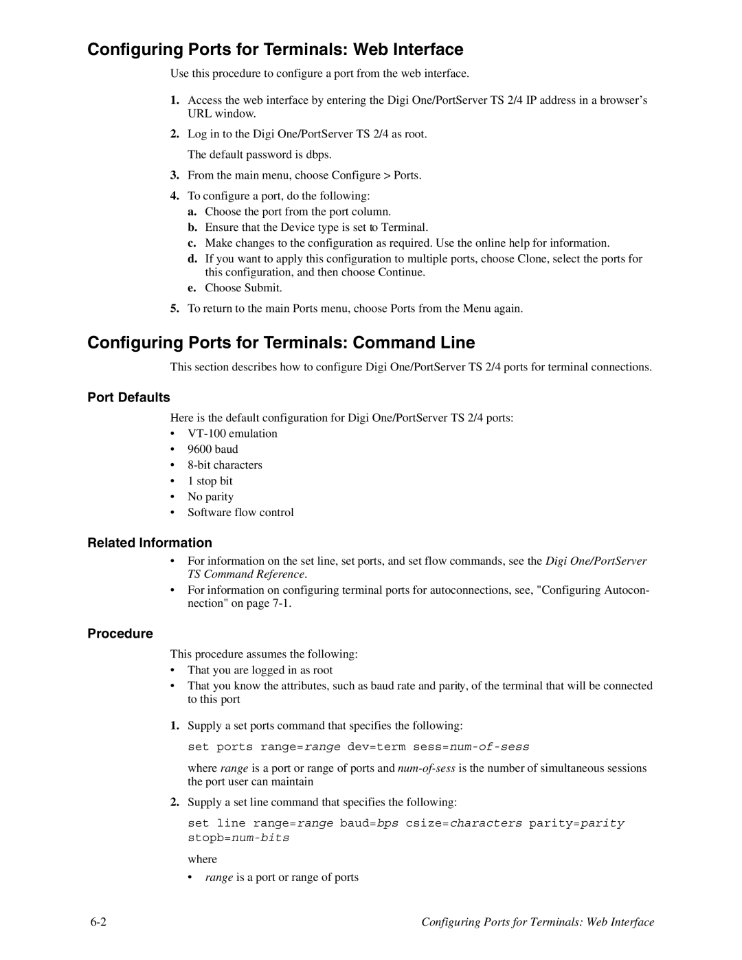 Digi TS 4 manual Configuring Ports for Terminals Web Interface, Configuring Ports for Terminals Command Line, Port Defaults 