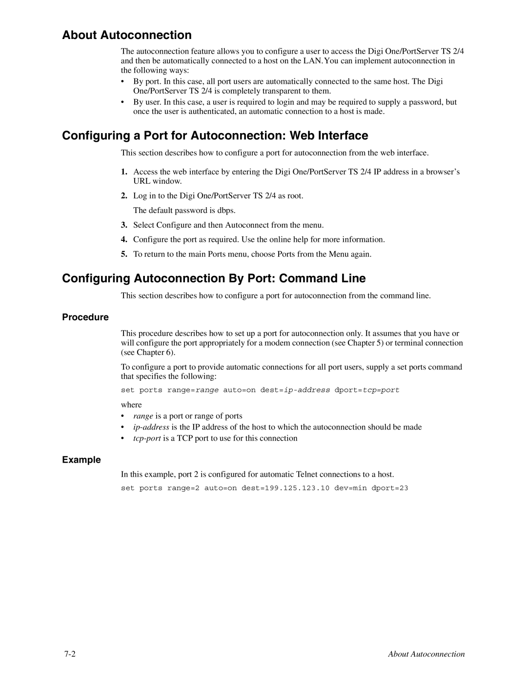 Digi TS 4, TS 2/4 manual About Autoconnection, Configuring a Port for Autoconnection Web Interface 