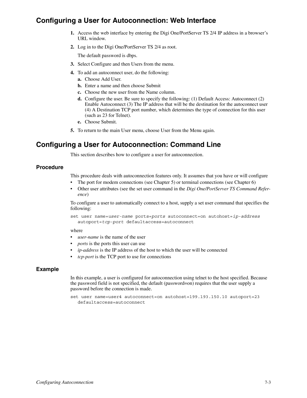 Digi TS 2/4, TS 4 Configuring a User for Autoconnection Web Interface, Configuring a User for Autoconnection Command Line 