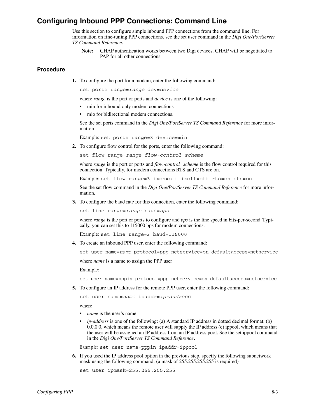 Digi TS 2/4, TS 4 manual Configuring Inbound PPP Connections Command Line, Procedure 